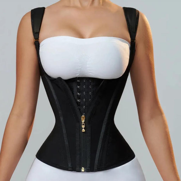 Luxe Seamless Vest is a full vest  trainer that is great for snatching the bra bulge.

It has a zipper on top for a seamless look. Three hook closure underneath. 
This waist trainer has a great fit, versatile, discreet, and durable.

It offers full coverage back and thick straps for a more comfortable fit. Any comfort seekers will love this. 

Two layers of compression on the abdomen, effectively tightening the abdomen; the inner layer has a front and center button design, which is adjustable, and the outer