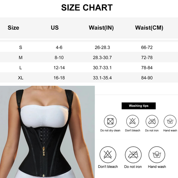 Luxe Seamless Vest is a full vest  trainer that is great for snatching the bra bulge.

It has a zipper on top for a seamless look. Three hook closure underneath. 
This waist trainer has a great fit, versatile, discreet, and durable.

It offers full coverage back and thick straps for a more comfortable fit. Any comfort seekers will love this. 

Two layers of compression on the abdomen, effectively tightening the abdomen; the inner layer has a front and center button design, which is adjustable, and the outer